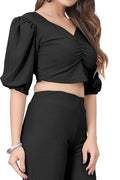 Stylish Black Co-ord Set for Women | Puff Sleeve Crop Top & Wide Leg Pants