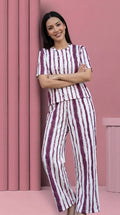 Trendy Women’s Printed Co-Ord Set – Half Sleeve Top & Wide Leg Pants (Maroon & White Striped Lounge Wear Set)