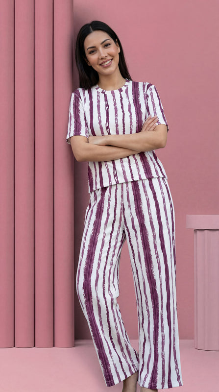 Trendy Women’s Printed Co-Ord Set – Half Sleeve Top & Wide Leg Pants (Maroon & White Striped Lounge Wear Set)