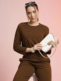 Elegant Brown Co-ord Set for Women | Full Sleeve Top & Wide Leg Pants