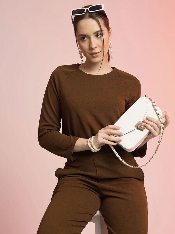 Elegant Brown Co-ord Set for Women | Full Sleeve Top & Wide Leg Pants