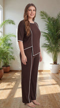 Premium Comfort Co-Ord Set for Women – Stylish Relaxed Fit Top & Straight Pants (Brown with Contrast Piping)