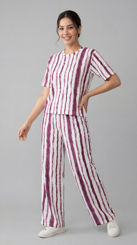 Trendy Women’s Printed Co-Ord Set – Half Sleeve Top & Wide Leg Pants (Maroon & White Striped Lounge Wear Set)