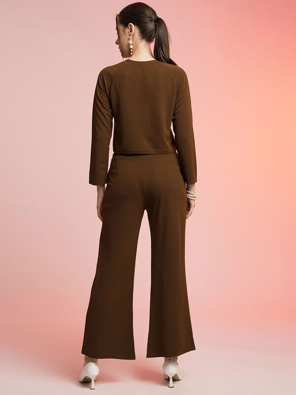 Elegant Brown Co-ord Set for Women | Full Sleeve Top & Wide Leg Pants