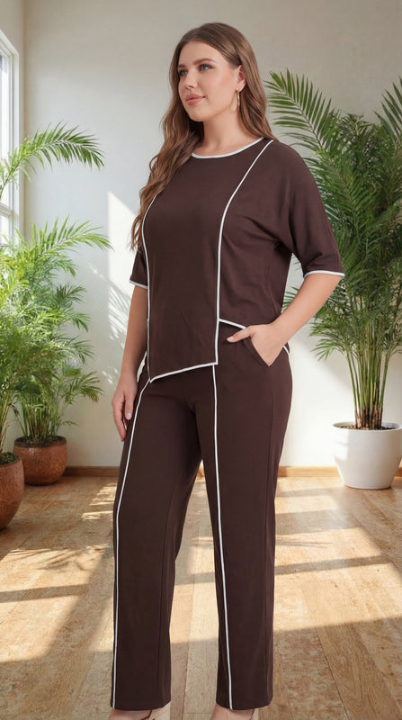 Premium Comfort Co-Ord Set for Women – Stylish Relaxed Fit Top & Straight Pants (Brown with Contrast Piping)
