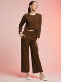 Elegant Brown Co-ord Set for Women | Full Sleeve Top & Wide Leg Pants