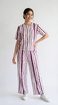 Trendy Women’s Printed Co-Ord Set – Half Sleeve Top & Wide Leg Pants (Maroon & White Striped Lounge Wear Set)