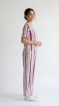 Trendy Women’s Printed Co-Ord Set – Half Sleeve Top & Wide Leg Pants (Maroon & White Striped Lounge Wear Set)