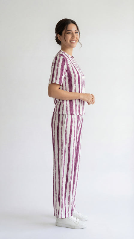 Trendy Women’s Printed Co-Ord Set – Half Sleeve Top & Wide Leg Pants (Maroon & White Striped Lounge Wear Set)
