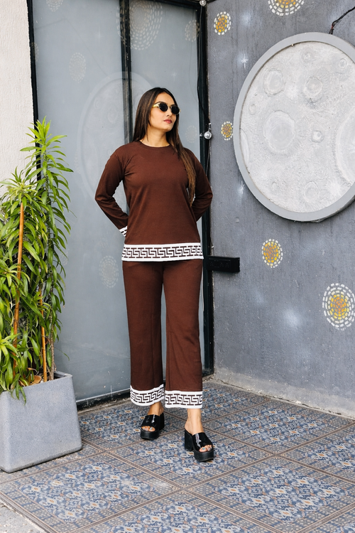 Elegant Brown Co-Ord Set for Women | Premium Casual Wear Lounge Set with Designer Border