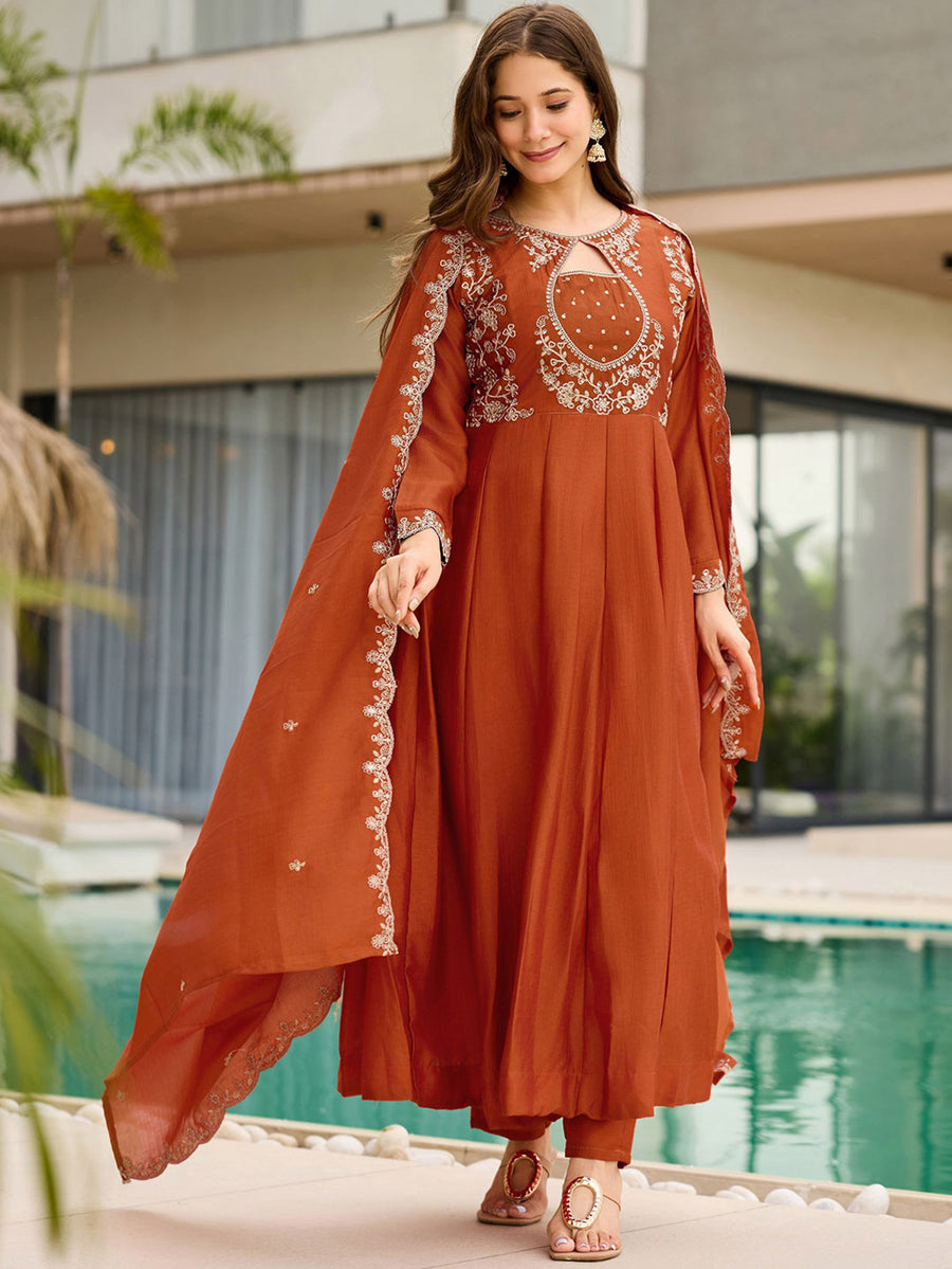 Elegant Rust Orange Vichitra Embroidered Anarkali Suit Set with Dupatta | Designer Ethnic Wear for Women