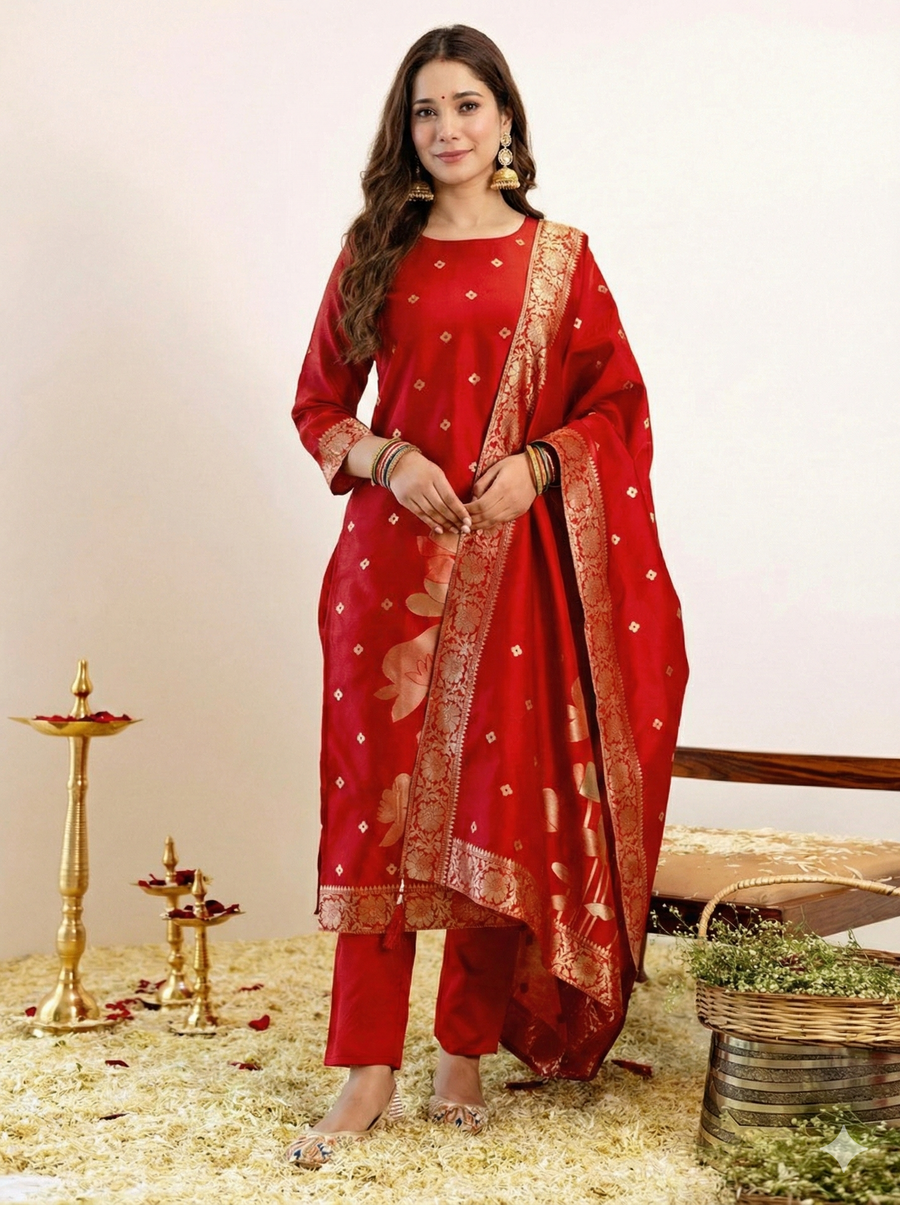 Art Silk Jacquard Elegant Kurti Pant Set with Dupatta