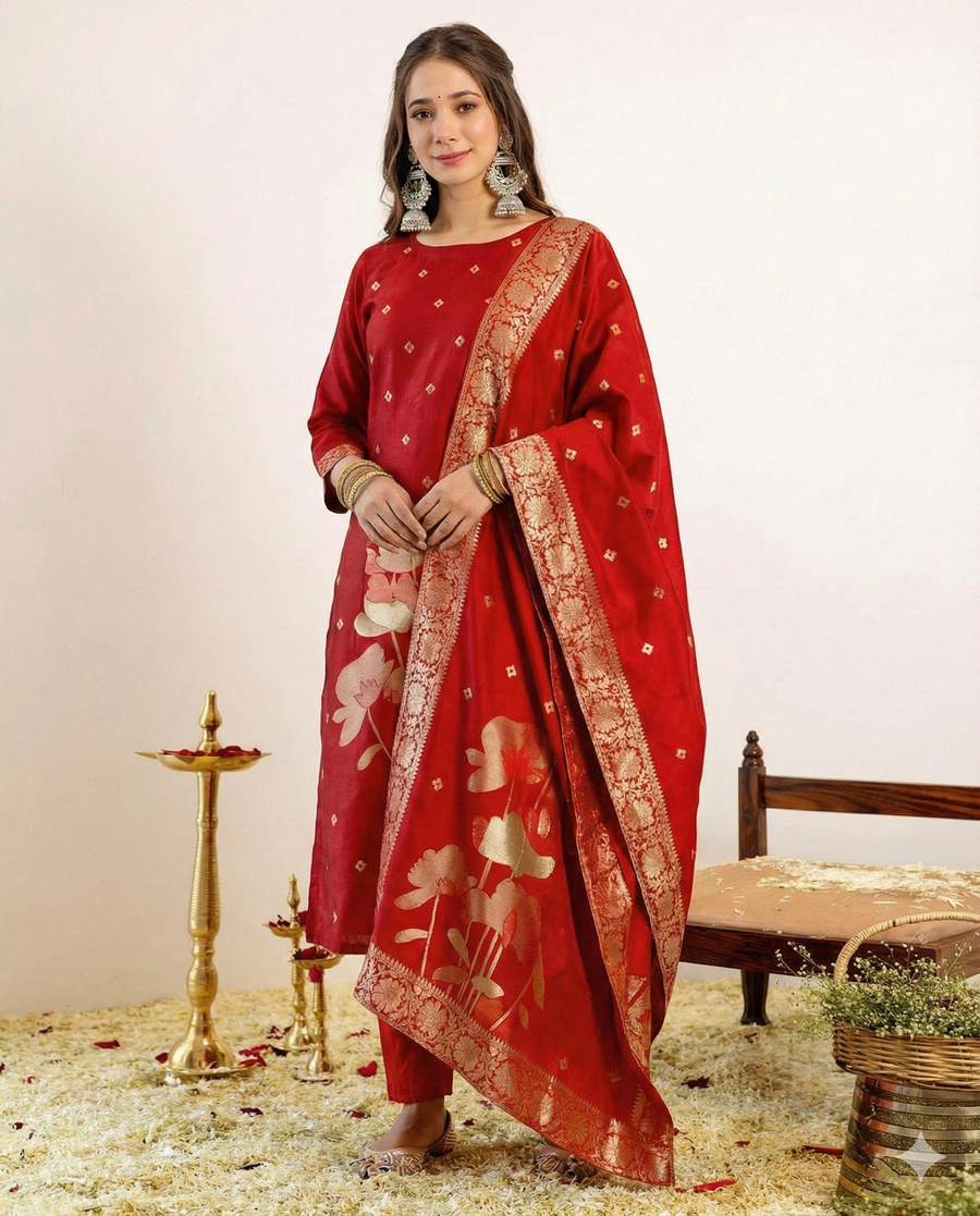 Art Silk Jacquard Elegant Kurti Pant Set with Dupatta