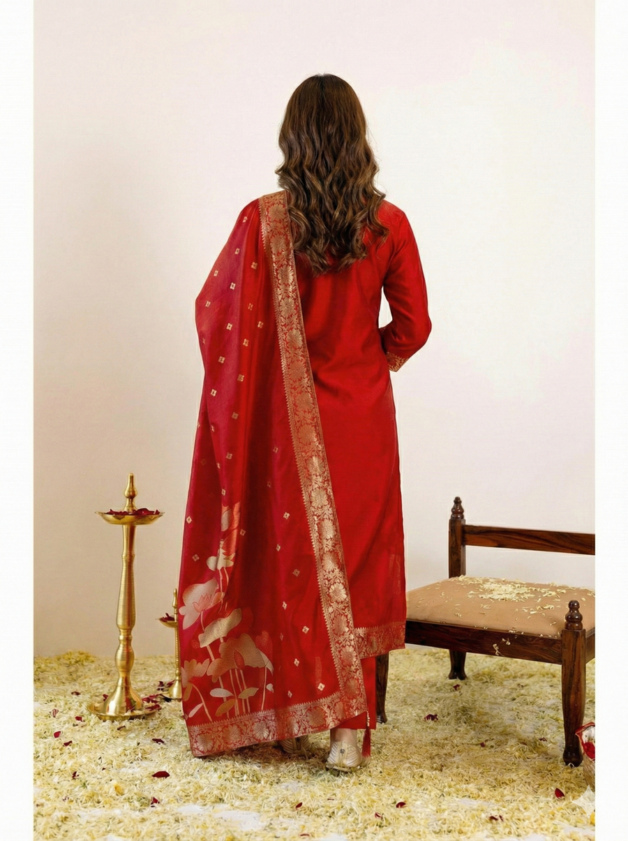 Art Silk Jacquard Elegant Kurti Pant Set with Dupatta