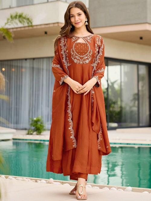Elegant Rust Orange Vichitra Embroidered Anarkali Suit Set with Dupatta | Designer Ethnic Wear for Women