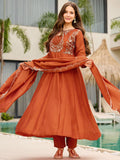 Elegant Rust Orange Vichitra Embroidered Anarkali Suit Set with Dupatta | Designer Ethnic Wear for Women