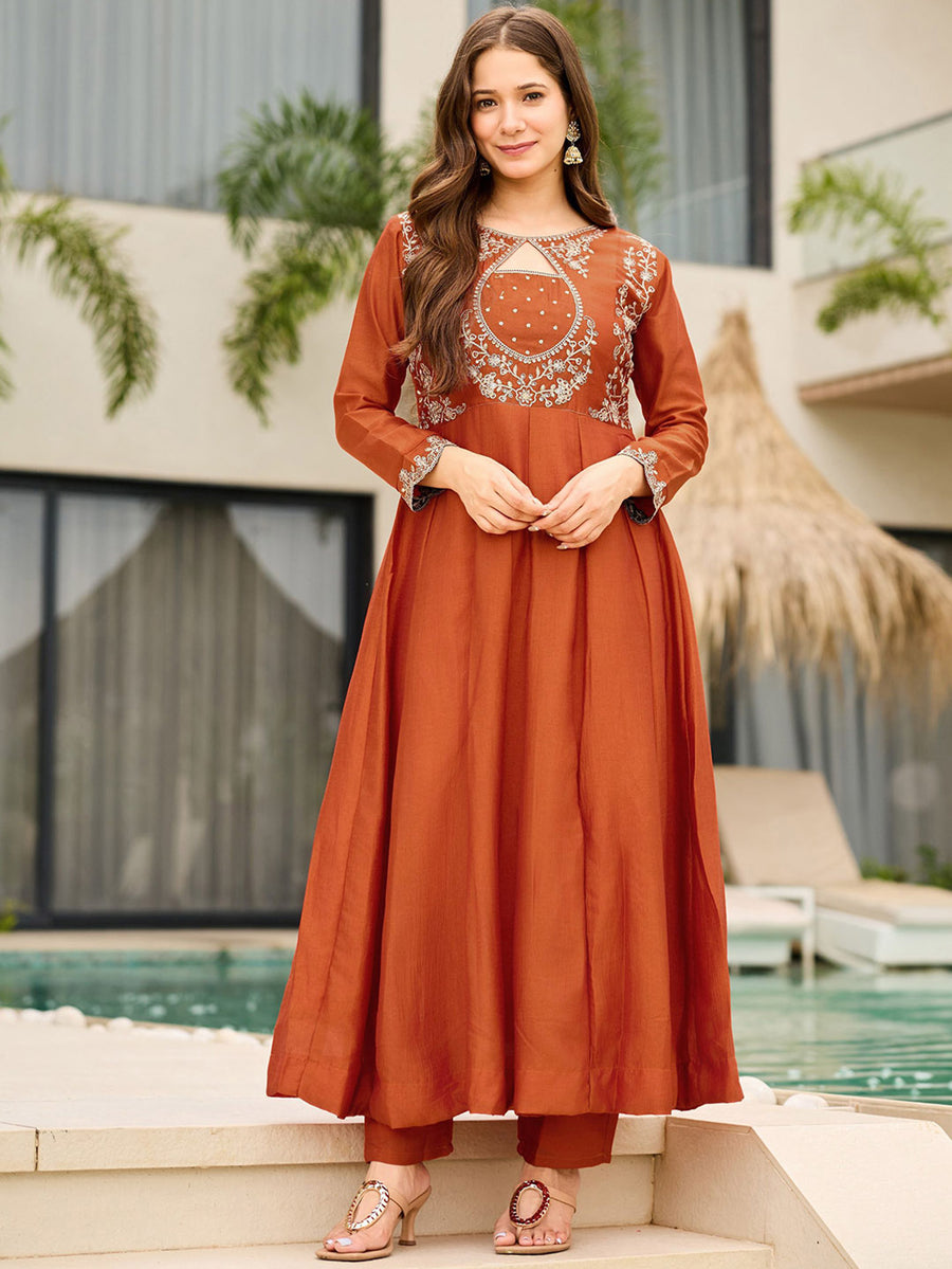 Elegant Rust Orange Vichitra Embroidered Anarkali Suit Set with Dupatta | Designer Ethnic Wear for Women