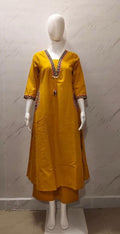 Mustard Yellow Cotton Kurti Plazo Set with Sequence Work | Elegant Ethnic Wear for Women