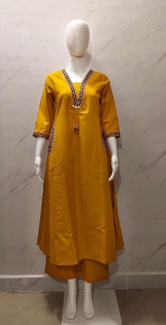 Mustard Yellow Cotton Kurti Plazo Set with Sequence Work | Elegant Ethnic Wear for Women