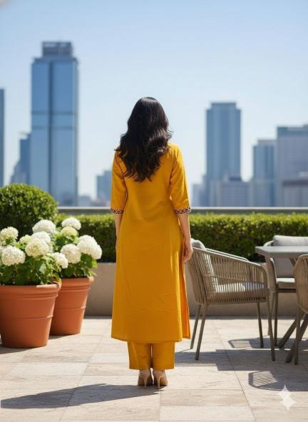 Mustard Yellow Cotton Kurti Plazo Set with Sequence Work | Elegant Ethnic Wear for Women