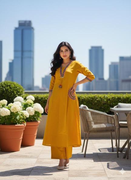 Mustard Yellow Cotton Kurti Plazo Set with Sequence Work | Elegant Ethnic Wear for Women