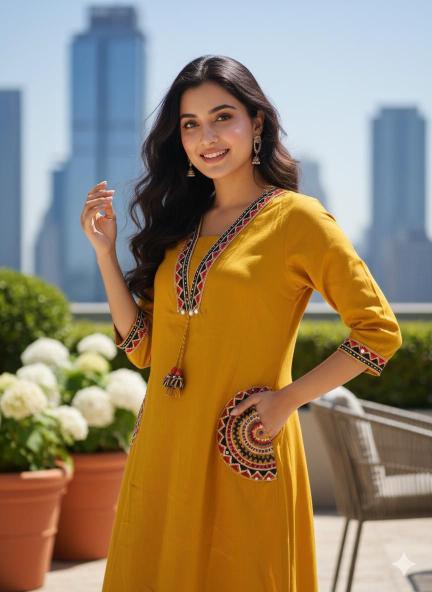 Mustard Yellow Cotton Kurti Plazo Set with Sequence Work | Elegant Ethnic Wear for Women