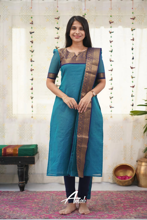 Elegant Teal Kanchi Cotton Kurta Set with Dupatta | Traditional Ethnic Wear for Women