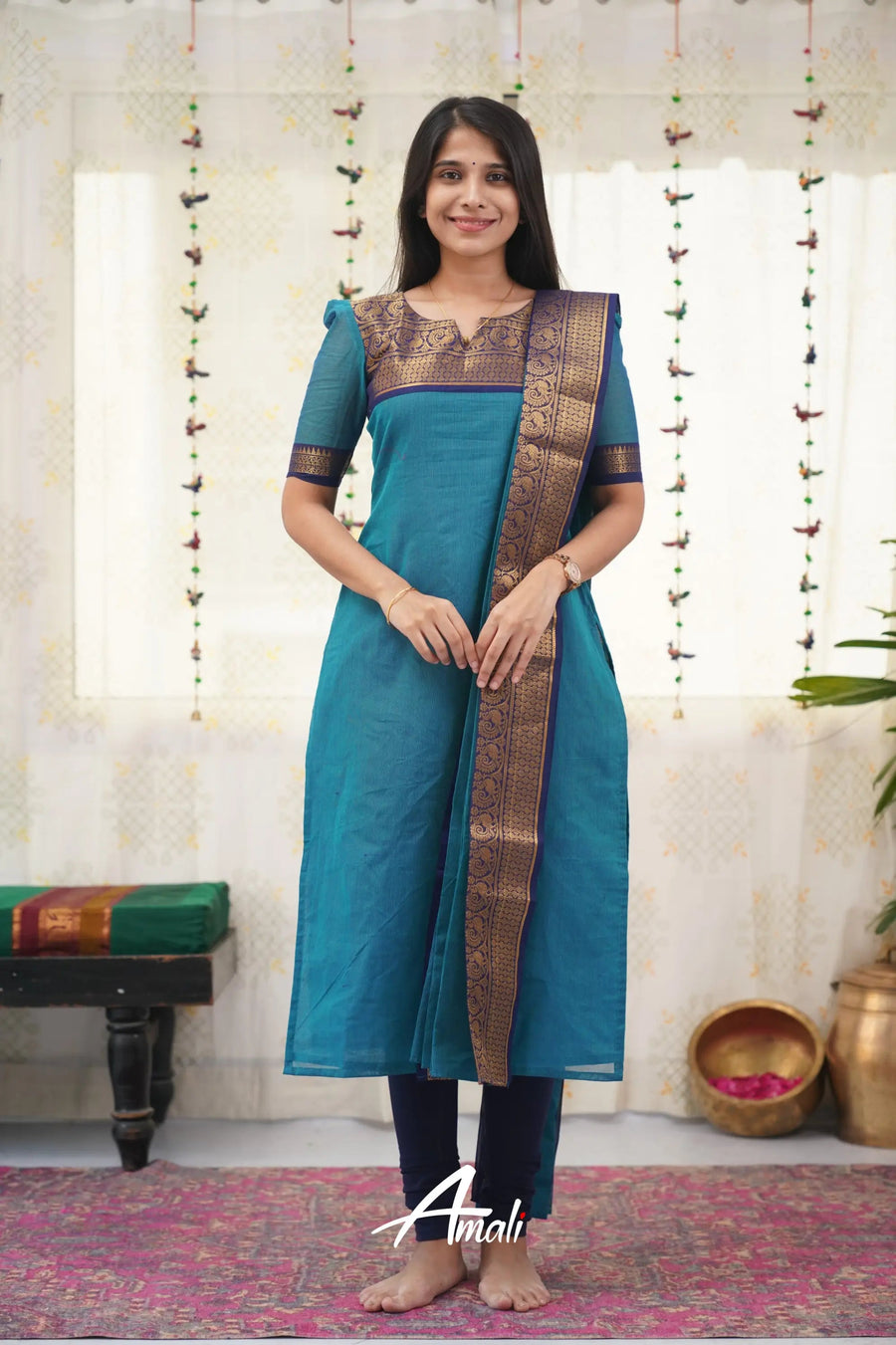 Elegant Teal Kanchi Cotton Kurta Set with Dupatta | Traditional Ethnic Wear for Women