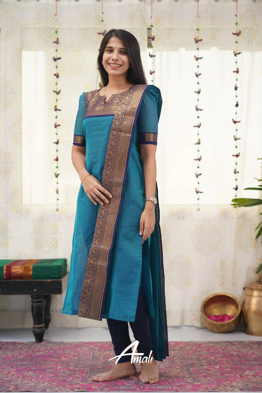 Elegant Teal Kanchi Cotton Kurta Set with Dupatta | Traditional Ethnic Wear for Women